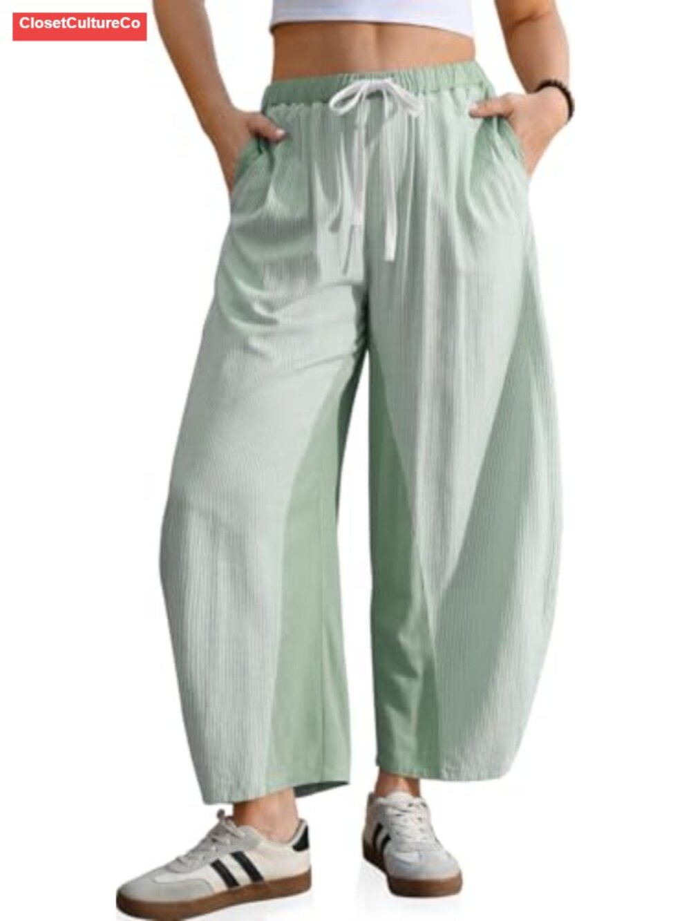 Wide Leg Barrel Pants Striped Drawstring Elastic Waist Loose Fit Summer Boho